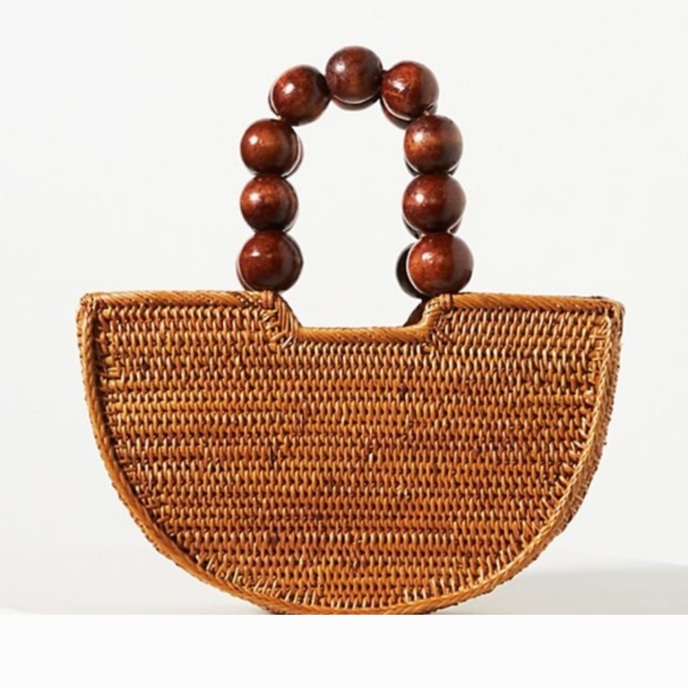 Anthropologie Half Moon Brown Woven Handbag with Wooden Handle